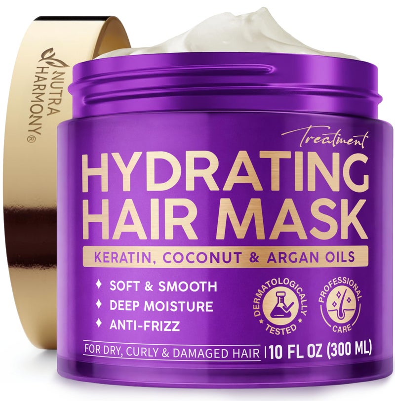 NUTRAHARMONY Hydrating Hair Mask - Deep Conditioning Treatment for Dry, Frizzy & Damaged Hair - Keratin Mask with Coconut & Argan Oils, Collagen & Wheat Protein - Smooths, Softens & Controls Frizz, Curl-Safe, 10oz - Image 1