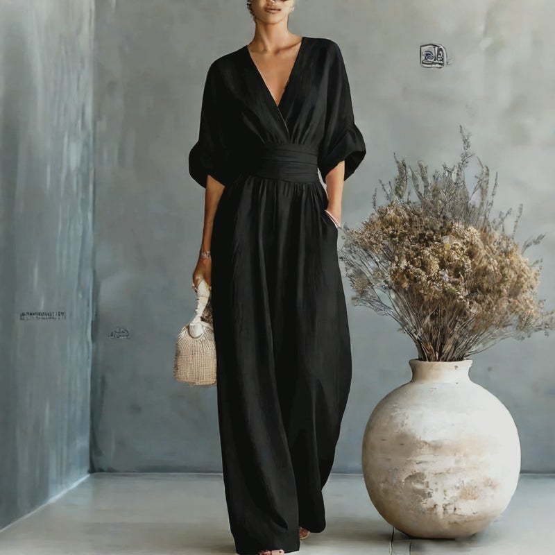 Elegant V-Neck Waist-Cinching Jumpsuit for Women - Image 3