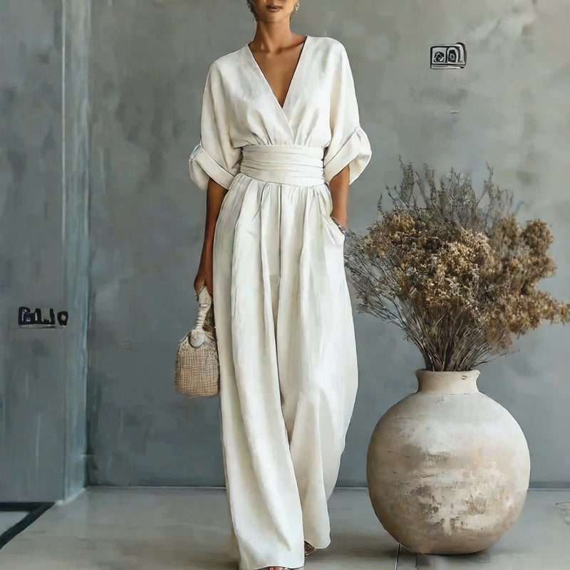 Elegant V-Neck Waist-Cinching Jumpsuit for Women - Image 1