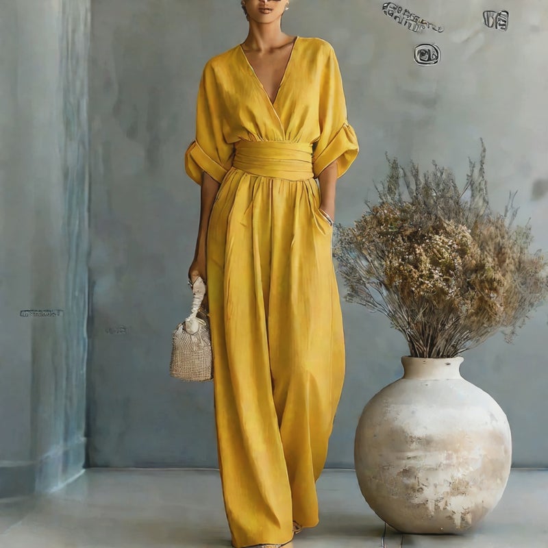 Elegant V-Neck Waist-Cinching Jumpsuit for Women - Image 2