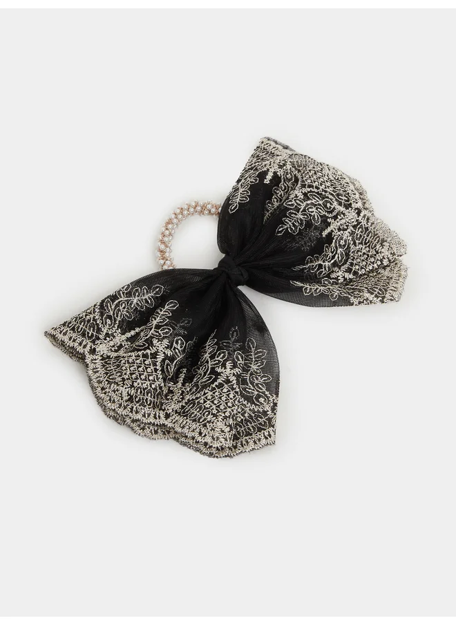 Styli Styli Oversized Lace Bow Hair Tie with Faux Pearl Detail