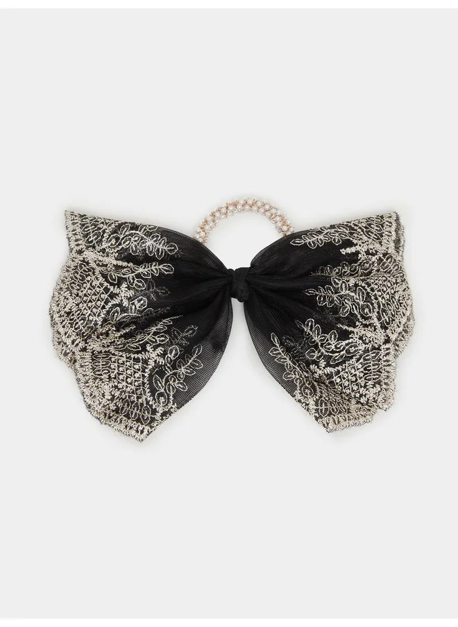Styli Styli Oversized Lace Bow Hair Tie with Faux Pearl Detail