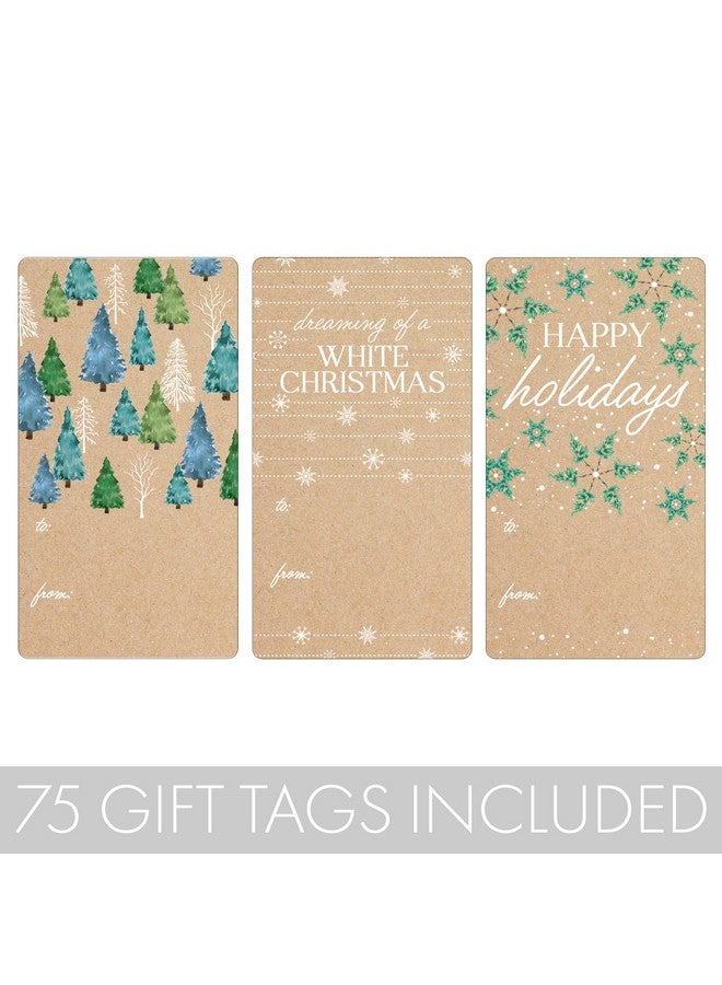 DISTINCTIVS Blue And Green Trees Christmas Gift Tags On Kraft, Self-Adhesive Stickers - 75 Labels, Wintry White Snowflakes, Blue And Green Foliage Holiday Gift Wrap Tags - Image 2