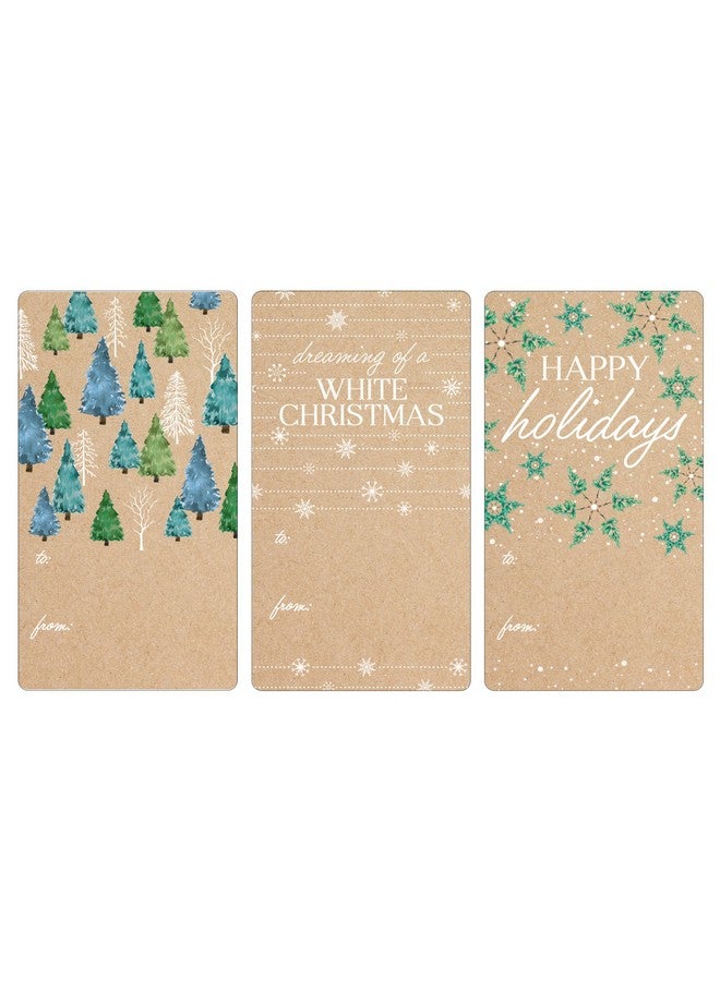 DISTINCTIVS Blue And Green Trees Christmas Gift Tags On Kraft, Self-Adhesive Stickers - 75 Labels, Wintry White Snowflakes, Blue And Green Foliage Holiday Gift Wrap Tags - Image 1