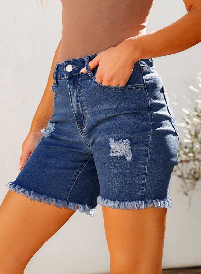 luvamia Jean Shorts for Women High Waisted Trendy Casual Distressed Stretchy Denim Long Shorts Ripped Raw Hem Shorts Womens Jean Shorts Stretchy Shorts for Women High Waisted Classic Blue Size 6 - Image 3