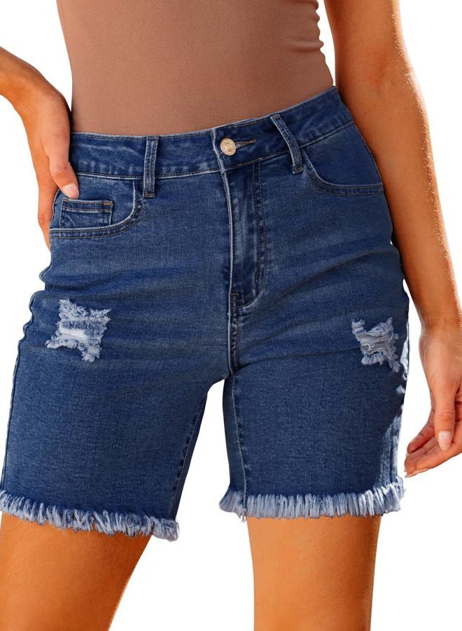luvamia Jean Shorts for Women High Waisted Trendy Casual Distressed Stretchy Denim Long Shorts Ripped Raw Hem Shorts Womens Jean Shorts Stretchy Shorts for Women High Waisted Classic Blue Size 6 - Image 1