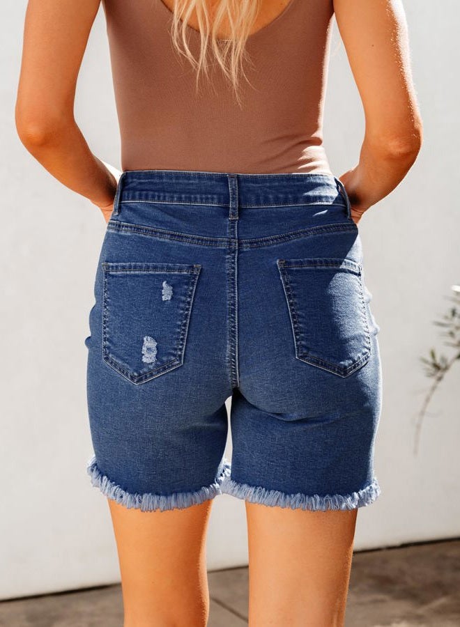 luvamia Jean Shorts for Women High Waisted Trendy Casual Distressed Stretchy Denim Long Shorts Ripped Raw Hem Shorts Womens Jean Shorts Stretchy Shorts for Women High Waisted Classic Blue Size 6 - Image 4