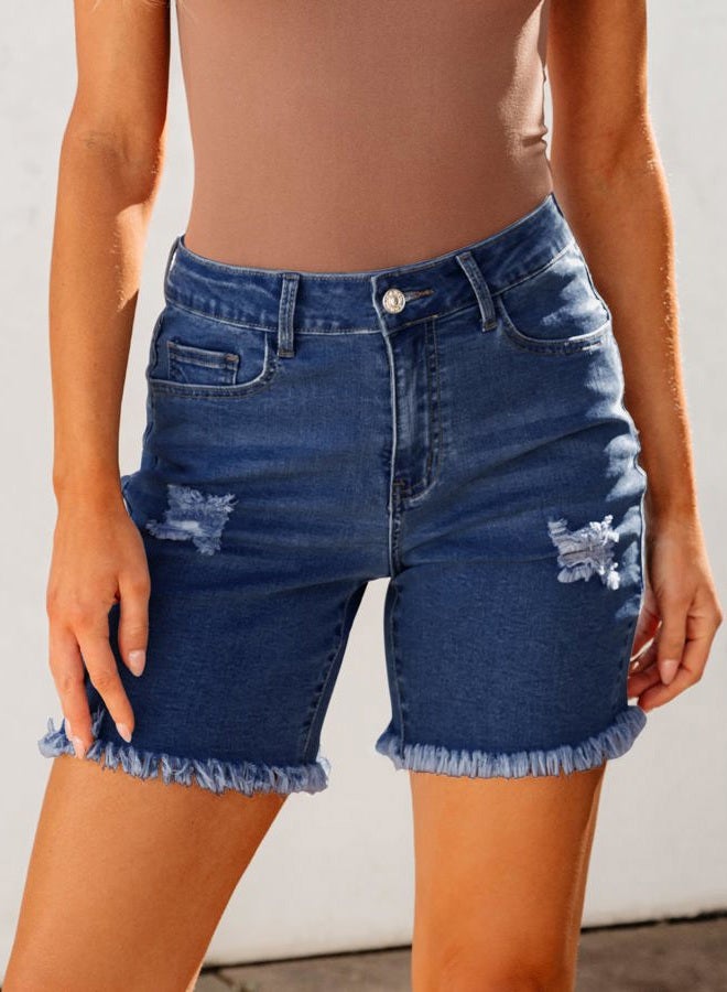luvamia Jean Shorts for Women High Waisted Trendy Casual Distressed Stretchy Denim Long Shorts Ripped Raw Hem Shorts Womens Jean Shorts Stretchy Shorts for Women High Waisted Classic Blue Size 6 - Image 2