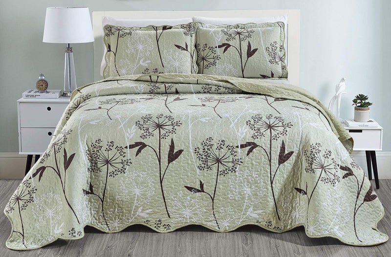 Masterplay 3Piece Fine Printed Oversize 100 X 95 Quilt Set Bedspread Coverlet Queen Size Bed Cover Sage Green Brown White Vine