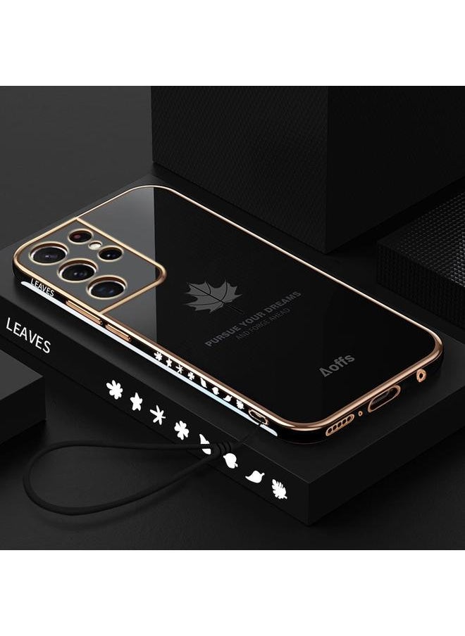 Green Tiger For Samsung Galaxy S23 Ultra 5G 9D Plating Maple Leaf Silicone Phone Case with Strap(Black)  - Image 1