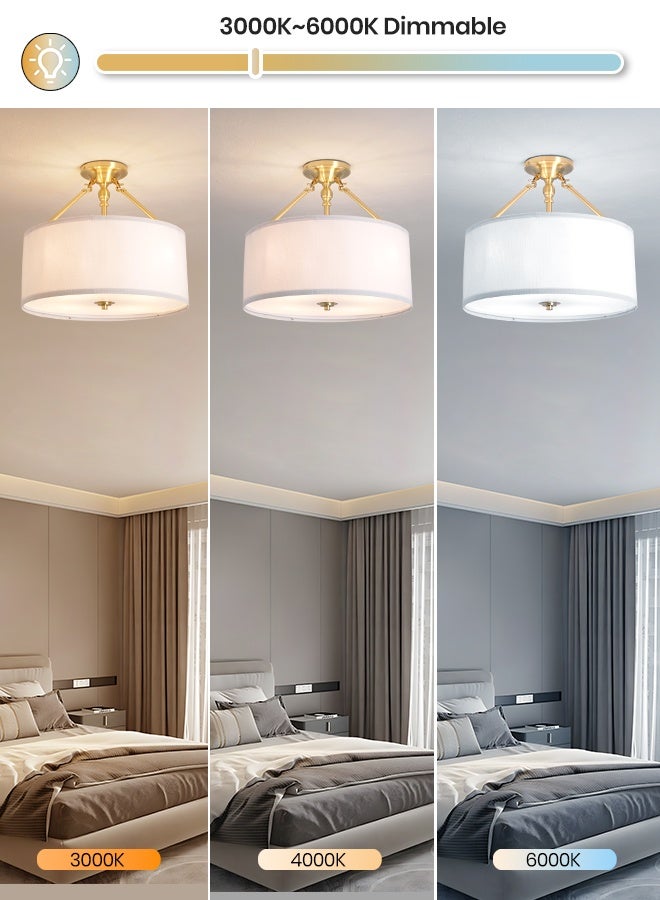 YATAI LIGHTING Modern Semi-Flush Round LED Ceiling Light Fixture, 4×E27 Bulb Golden Iron Body with Fabric Shade, 3-Color Adjustable (3000K-4000K-6000K) Switch Control Lighting for Bedroom, Dining, Living Room - Image 3
