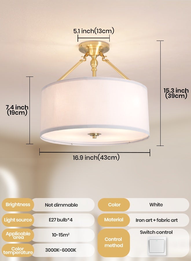 YATAI LIGHTING Modern Semi-Flush Round LED Ceiling Light Fixture, 4×E27 Bulb Golden Iron Body with Fabric Shade, 3-Color Adjustable (3000K-4000K-6000K) Switch Control Lighting for Bedroom, Dining, Living Room - Image 2