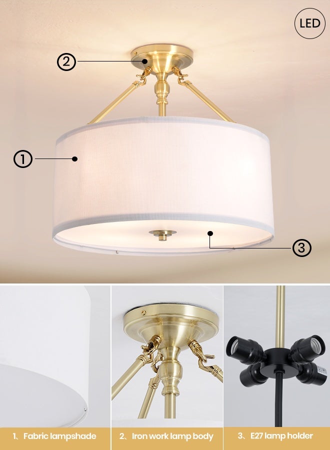 YATAI LIGHTING Modern Semi-Flush Round LED Ceiling Light Fixture, 4×E27 Bulb Golden Iron Body with Fabric Shade, 3-Color Adjustable (3000K-4000K-6000K) Switch Control Lighting for Bedroom, Dining, Living Room - Image 4