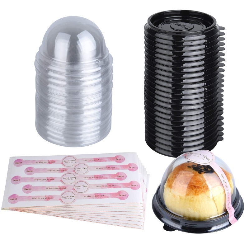 MIAHART 50 Pack Clear Plastic Mini Cupcake Container with 50 Pcs Label Stickers Baking Mini Cake Boxes Muffin Boxes Dome Box Candy Boxes Black