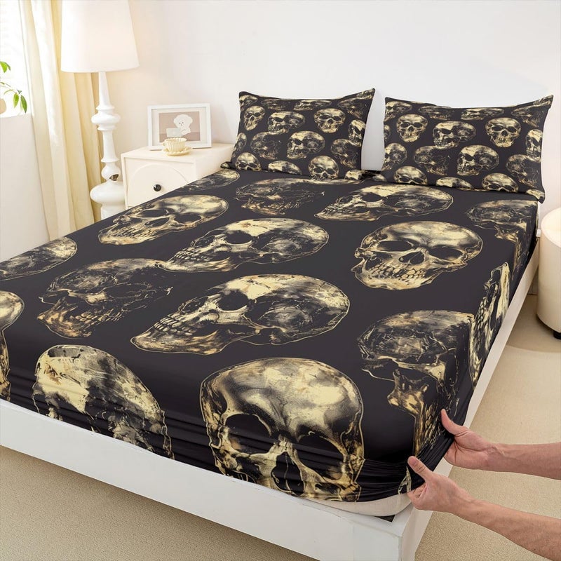 Feelyou Sugar Skull Bed Sheets Set Full Size Halloween Themed Bed Set Gothic Skull Deep Pocket Fitted Sheet Bones Breathable Soft Lightweight Microfiber Gold and Black - Image 4