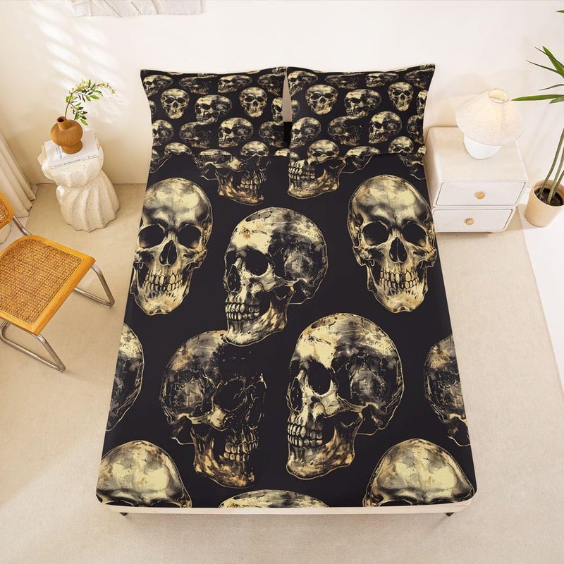 Feelyou Sugar Skull Bed Sheets Set Full Size Halloween Themed Bed Set Gothic Skull Deep Pocket Fitted Sheet Bones Breathable Soft Lightweight Microfiber Gold and Black - Image 2