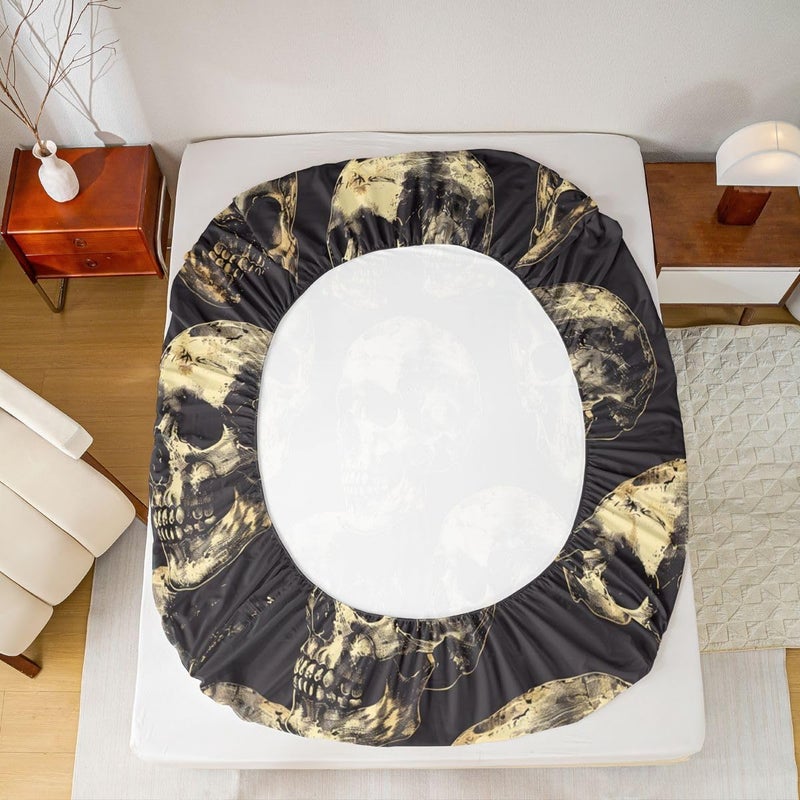 Feelyou Sugar Skull Bed Sheets Set Full Size Halloween Themed Bed Set Gothic Skull Deep Pocket Fitted Sheet Bones Breathable Soft Lightweight Microfiber Gold and Black - Image 5