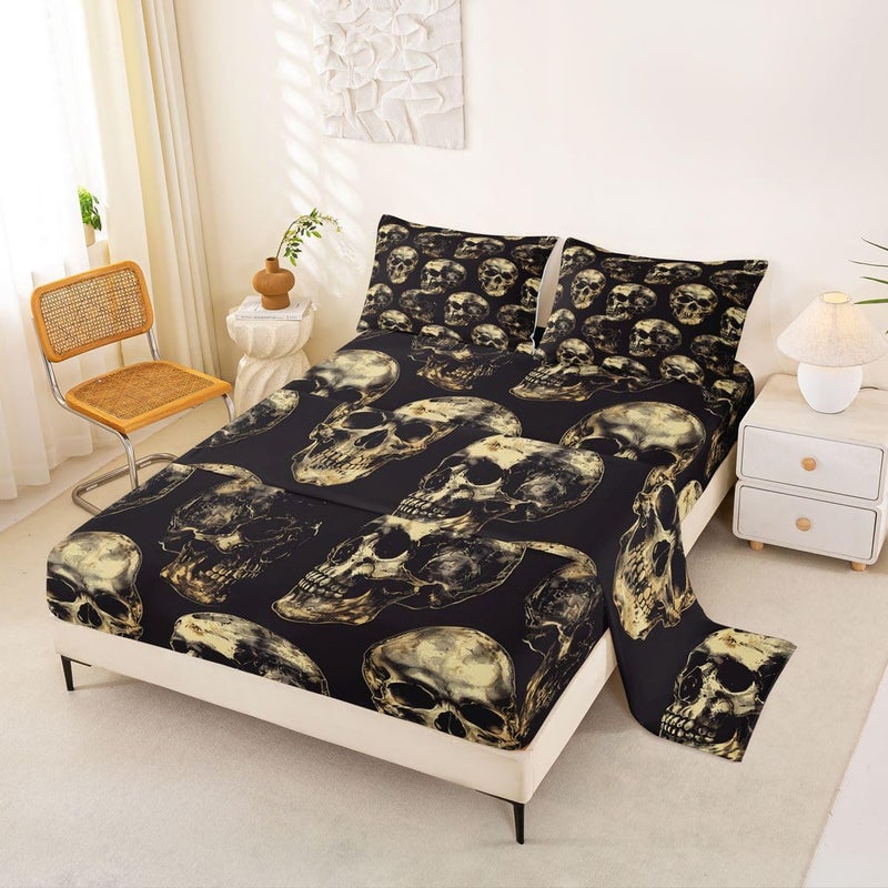 Feelyou Sugar Skull Bed Sheets Set Full Size Halloween Themed Bed Set Gothic Skull Deep Pocket Fitted Sheet Bones Breathable Soft Lightweight Microfiber Gold and Black - Image 1