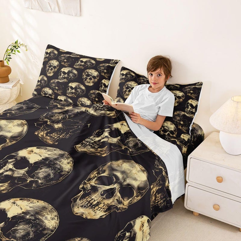 Feelyou Sugar Skull Bed Sheets Set Full Size Halloween Themed Bed Set Gothic Skull Deep Pocket Fitted Sheet Bones Breathable Soft Lightweight Microfiber Gold and Black - Image 3