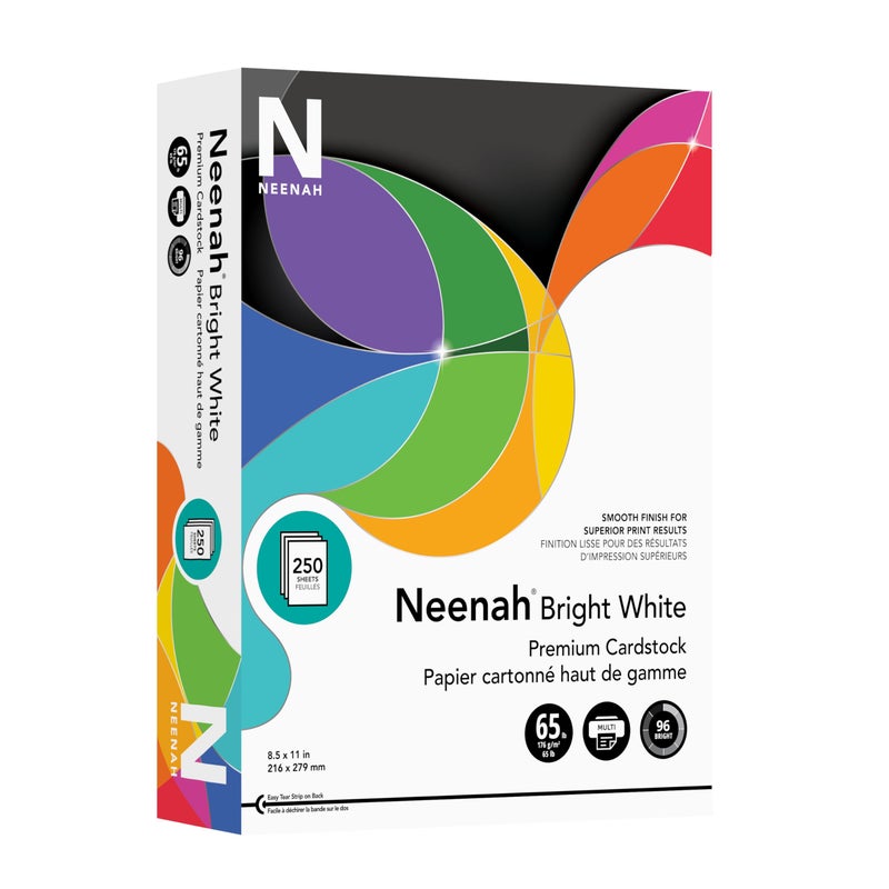 Neenah Bright White Bright White Card Stock, 96 Bright, 65 lb Cover Weight, 8.5 x 11, 250/Pack - Image 1