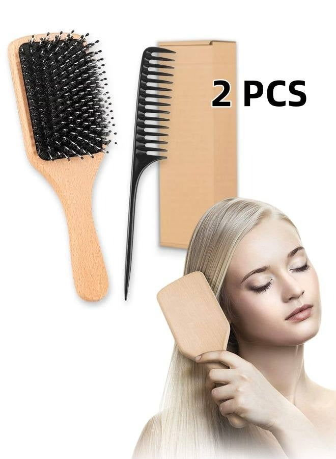 طقم فرشاة شعر خشبية مكون من قطعتين، فرشاة شعر الخنزير والمشط، لفك التشابك وتصفيف الشعر، فرشاة شعر مضادة للكهرباء الساكنة بمقبض مريح للشعر السميك والمجعد والرفيع والطويل والقصير والرطب والجاف للرجال والنساء والأطفال - Image 1