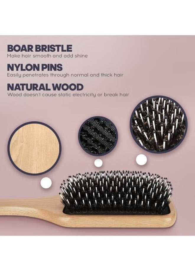 طقم فرشاة شعر خشبية مكون من قطعتين، فرشاة شعر الخنزير والمشط، لفك التشابك وتصفيف الشعر، فرشاة شعر مضادة للكهرباء الساكنة بمقبض مريح للشعر السميك والمجعد والرفيع والطويل والقصير والرطب والجاف للرجال والنساء والأطفال - Image 3