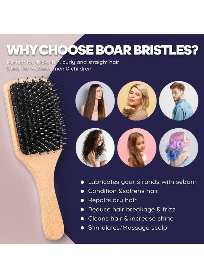 طقم فرشاة شعر خشبية مكون من قطعتين، فرشاة شعر الخنزير والمشط، لفك التشابك وتصفيف الشعر، فرشاة شعر مضادة للكهرباء الساكنة بمقبض مريح للشعر السميك والمجعد والرفيع والطويل والقصير والرطب والجاف للرجال والنساء والأطفال - Image 4