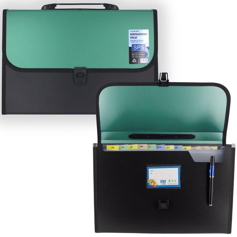 sps 13 Pocket Expanding File Folder with Buckle Closure,Label Index and Handle for A4/Foolscap/Legal Documents (Green) - Image 4
