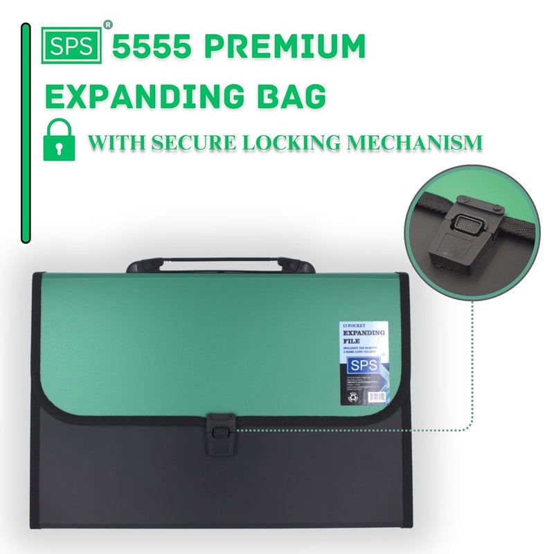 sps 13 Pocket Expanding File Folder with Buckle Closure,Label Index and Handle for A4/Foolscap/Legal Documents (Green) - Image 3