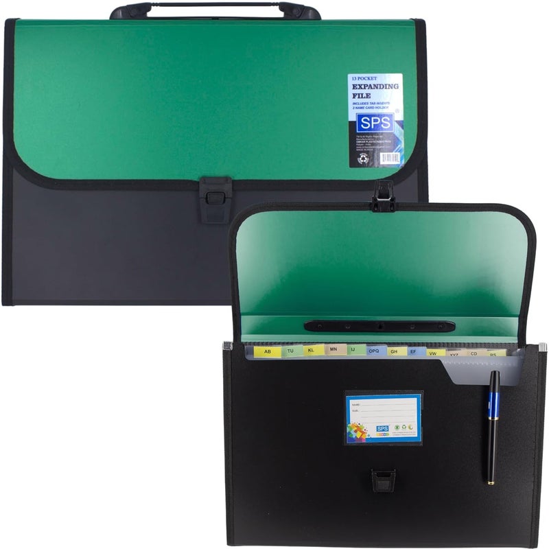 sps 13 Pocket Expanding File Folder with Buckle Closure,Label Index and Handle for A4/Foolscap/Legal Documents (Green) - Image 1