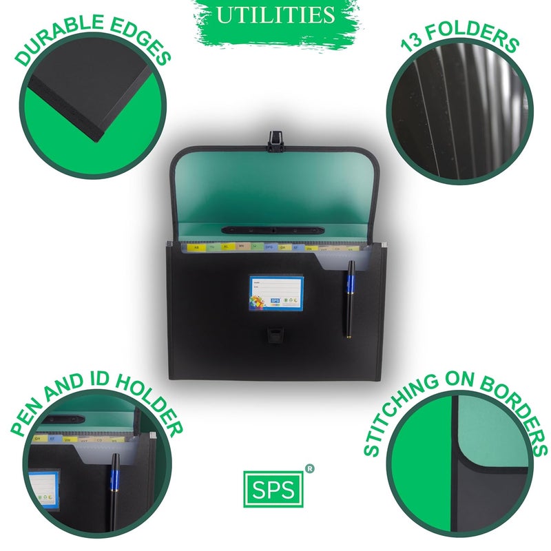 sps 13 Pocket Expanding File Folder with Buckle Closure,Label Index and Handle for A4/Foolscap/Legal Documents (Green) - Image 2