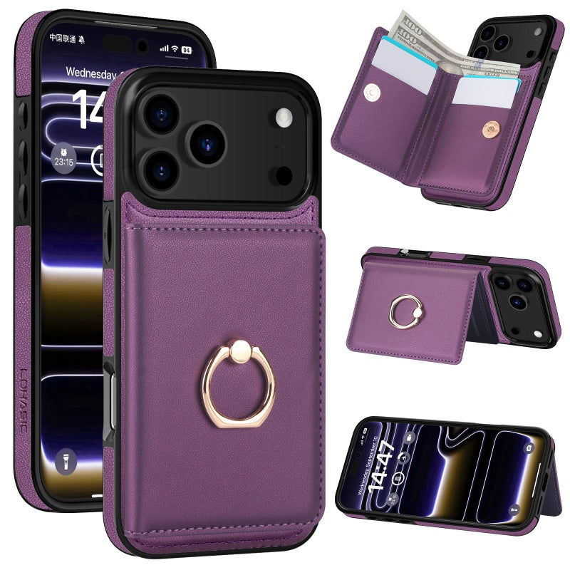 LOHASIC for iPhone 17 Pro Case Wallet with Card Holder, 360Â° Rotation Ring, RFID Blocking, 5 Card Slots, PU Leather 6.3" Cover for Apple 17 Pro Men Women, Purple - Image 1
