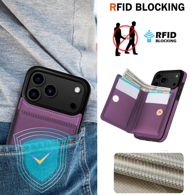LOHASIC for iPhone 17 Pro Case Wallet with Card Holder, 360Â° Rotation Ring, RFID Blocking, 5 Card Slots, PU Leather 6.3" Cover for Apple 17 Pro Men Women, Purple - Image 3