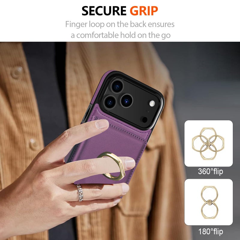 LOHASIC for iPhone 17 Pro Case Wallet with Card Holder, 360Â° Rotation Ring, RFID Blocking, 5 Card Slots, PU Leather 6.3" Cover for Apple 17 Pro Men Women, Purple - Image 4