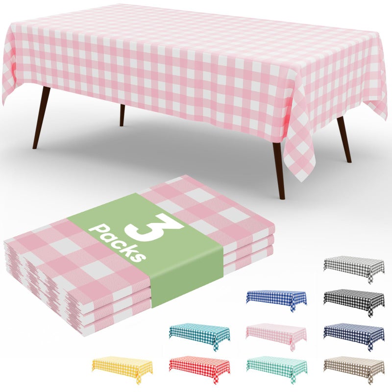 misaya 3 Packs Buffalo Disposable Table Cloth, 54 x 108 Inch Waterproof Plastic Tablecloth, Rectangle Pink and White Checkered Table Covers for Picnic, Birthday, Party - Image 1