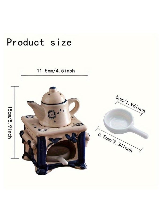 【Elegant Teapot Candle Holder】 Elegant Blue  White Ceramic Teapot Candle Holder | Aromatic Oil Heater with Floral Patterns, Home Decor for Holidays, Valentine’s Day, and Tea Lovers - Image 2
