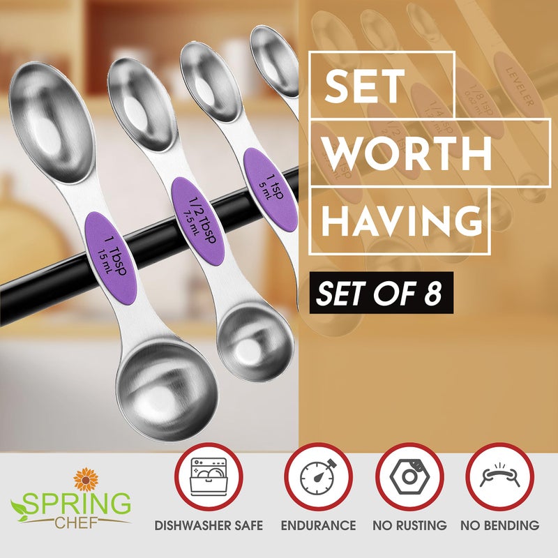 Spring Chef Stainless Steel Magnetic Measuring Spoons Set of 8 with Leveler, Nesting Metal Teaspoon & Tablespoon Measuring Spoons for Food, Heavy Duty Kitchen Gadgets for Baking & Cooking - Orchid - Image 2