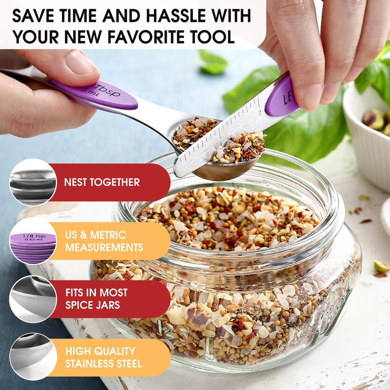 Spring Chef Stainless Steel Magnetic Measuring Spoons Set of 8 with Leveler, Nesting Metal Teaspoon & Tablespoon Measuring Spoons for Food, Heavy Duty Kitchen Gadgets for Baking & Cooking - Orchid - Image 5