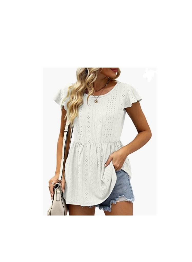 Loquat Summer New Women's Hollowed Oout Lotus Sleeve Waist Cinched Casual Blouse  - Image 1