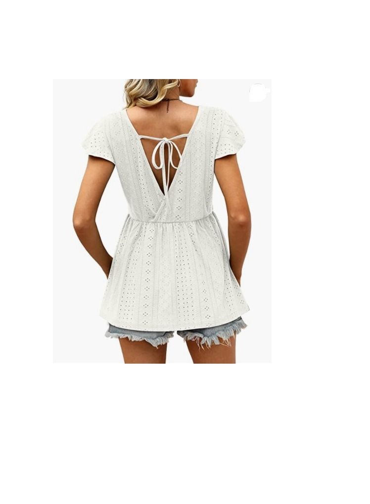 Loquat Summer New Women's Hollowed Oout Lotus Sleeve Waist Cinched Casual Blouse  - Image 2