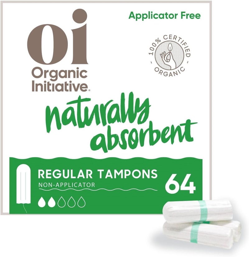 Oi Oi | Organic Initiative - 100% Certified Organic Cotton Non-Applicator Tampons | Ultra-Absorbent, Unscented, Natural, Non-Toxic, Applicator Free | Regular | 64 Count 