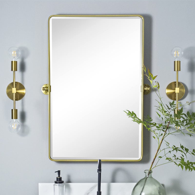 TEHOME 20x30 Pivot Rectangle Bathroom Vanity Mirror Brushed Gold Rounded Corner Metal Framed Tilting Beveled Vanity Wall Mirrors