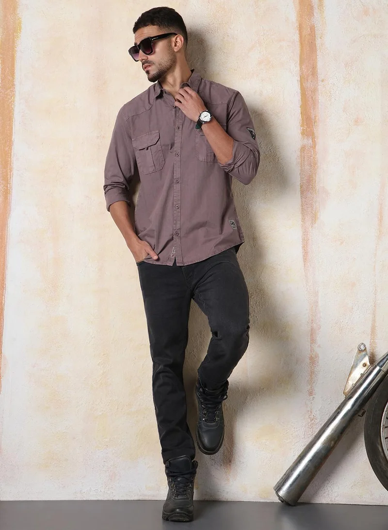 HIGH STAR Men Regular Fit Utility Heavy Washed Spread Collar Solid Cotton Casual Shirt