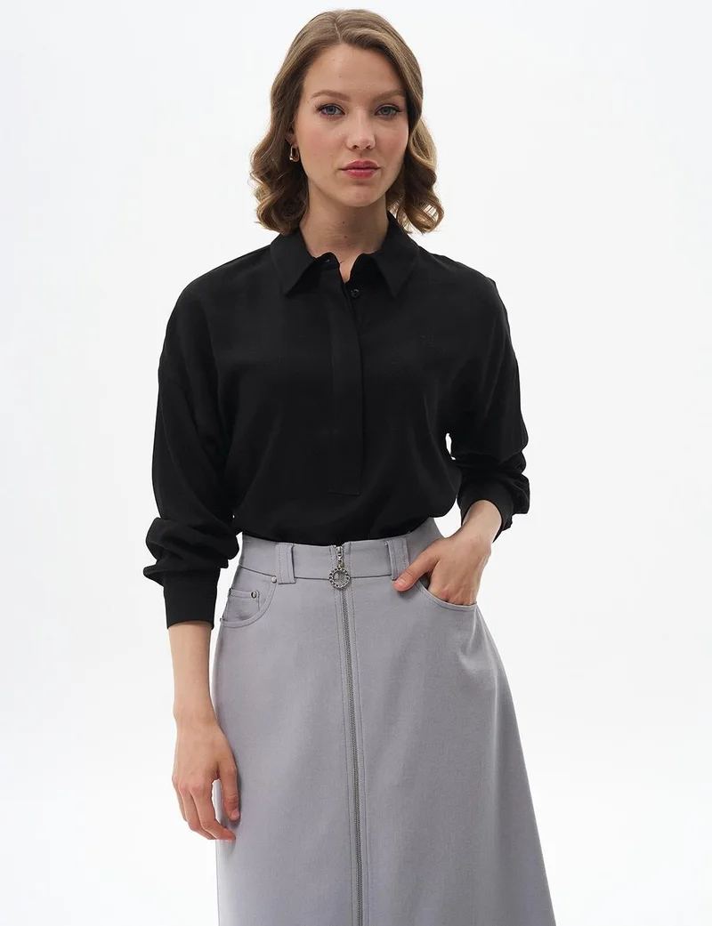 Kayra Half Placket Viscose Shirt Black