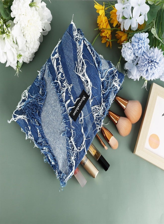 PLwelth Denim Makeup Bag for Women Girls Large Cosmetic Bag Jean Tote Bags Denim Pattern Makeup Toiletry Purse Travel Canvas Make Up Organizer Tool Pouch Cute Aesthetic Accessories Storage - Image 2