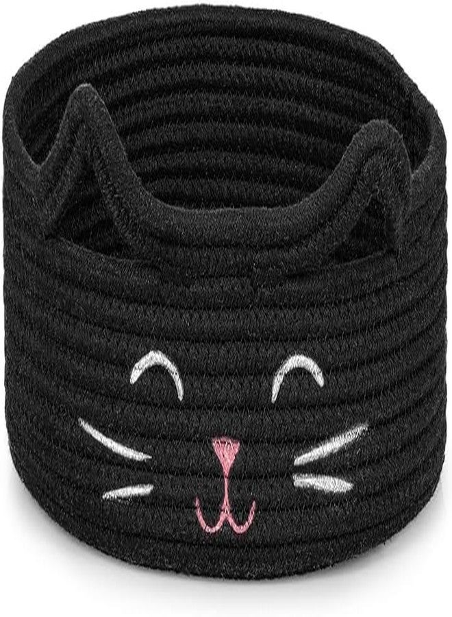 RUGSZONE GOODIE® -Small Cat Storage Basket, Black Cute Basket for Toys, Dog Toy Basket, Woven Rope Basket for Organizing, Empty Gift Basket for Baby, Black, 9.8 x 4 inches (black pink nose, 9x4) - Image 1