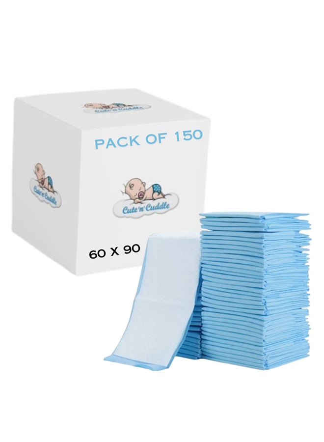 Cute 'n' Cuddle Pack Of 150 Disposable Soft Ultra Absorbent Waterproof Diaper Mess-Free Changing Mat Liners Baby Changing Mat Cover Bed Pads, Blue, 60 CM X 90 CM - Image 1