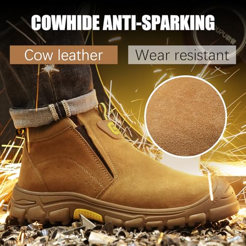 GLANOUDUN Work Shoes for Men Slip on Steel Toe Shoes for Men Comfortable Men's Work Boots for Welding Indestructible Steel Toe Boots High Top Safety Construction Footwear Brown - Image 2