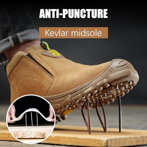 GLANOUDUN Work Shoes for Men Slip on Steel Toe Shoes for Men Comfortable Men's Work Boots for Welding Indestructible Steel Toe Boots High Top Safety Construction Footwear Brown - Image 4