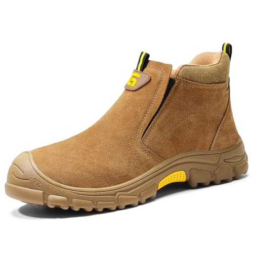 GLANOUDUN Work Shoes for Men Slip on Steel Toe Shoes for Men Comfortable Men's Work Boots for Welding Indestructible Steel Toe Boots High Top Safety Construction Footwear Brown - Image 1